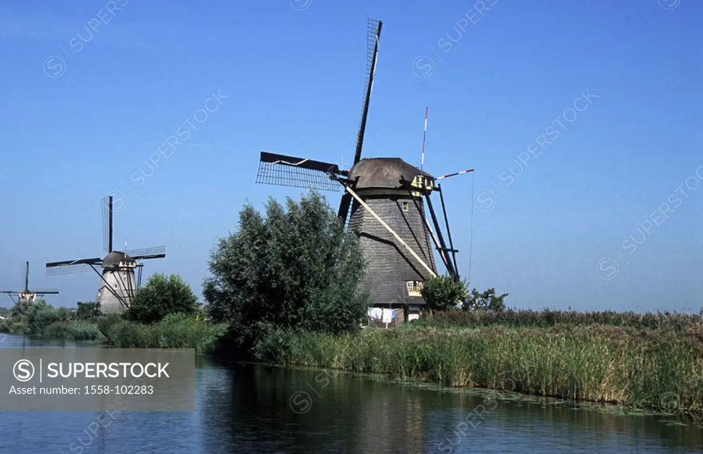 Netherlands, Holland, Kinderdijk,  Canal, windmills, summer,   South Holland, ´child dike´, mills, wood constructions, historically, sight, destinatio...
