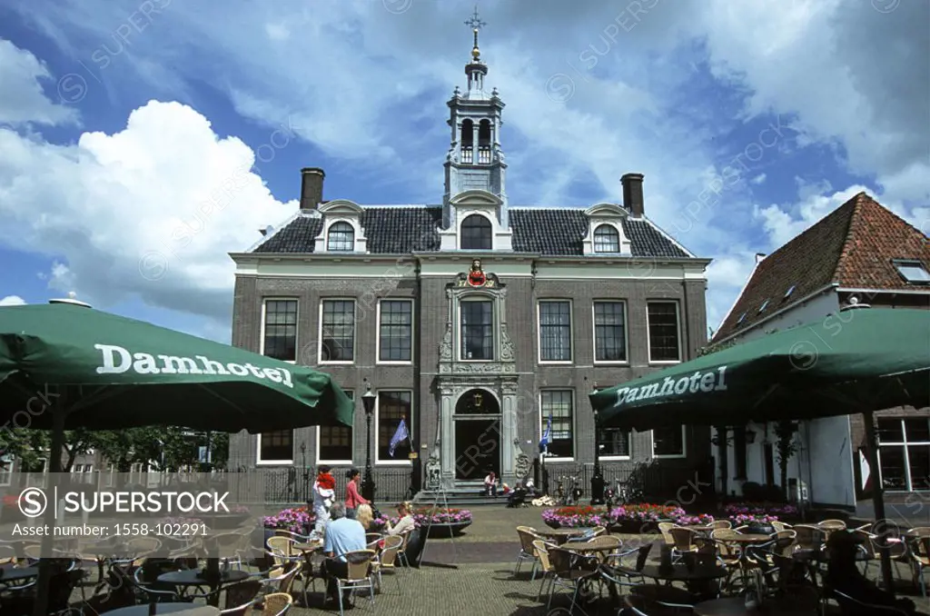 Netherlands, Edam, town hall, Town hall place, cafe, ,  Holland, market place, buildings, town hall, Stadhuis, town hall tower, sight, restaurant, res...
