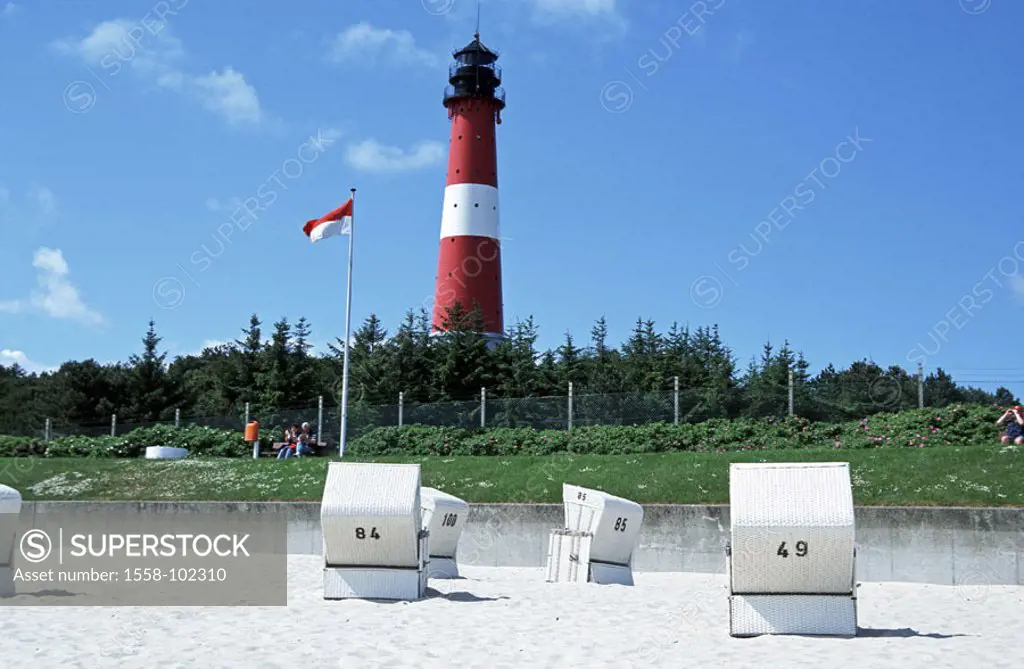 Germany, Schleswig-Holstein, island  Sylt, Hörnum, coast, lighthouse, beach,  Wicker beach chairs, human-empty,  Northern Germany, North Frisian islan...