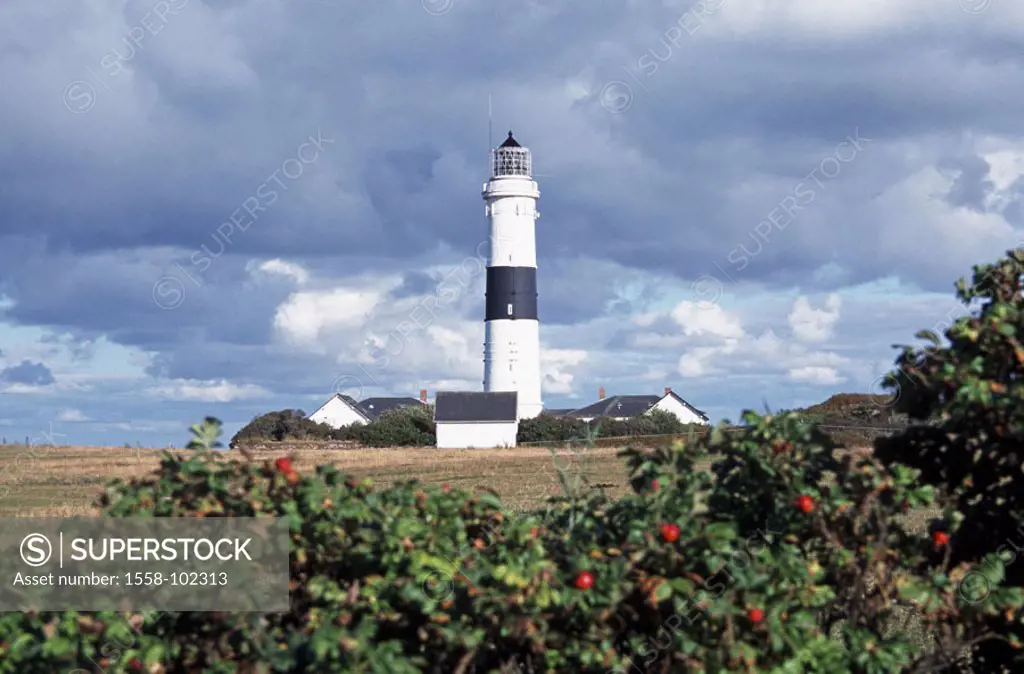Germany, Schleswig-Holstein, island  Sylt, Kampen, field landscape, lighthouse,  clouded sky,  Northern Germany, North Frisian islands North frieze co...