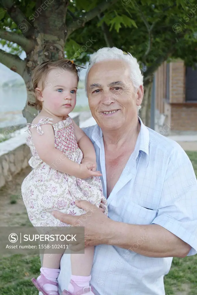 Grandfather, grandson daughter, portrait, carries,    Man, senior, 60-70 years, grey-haired, smiling, happily, grandpa child granddaughter, grandchild...