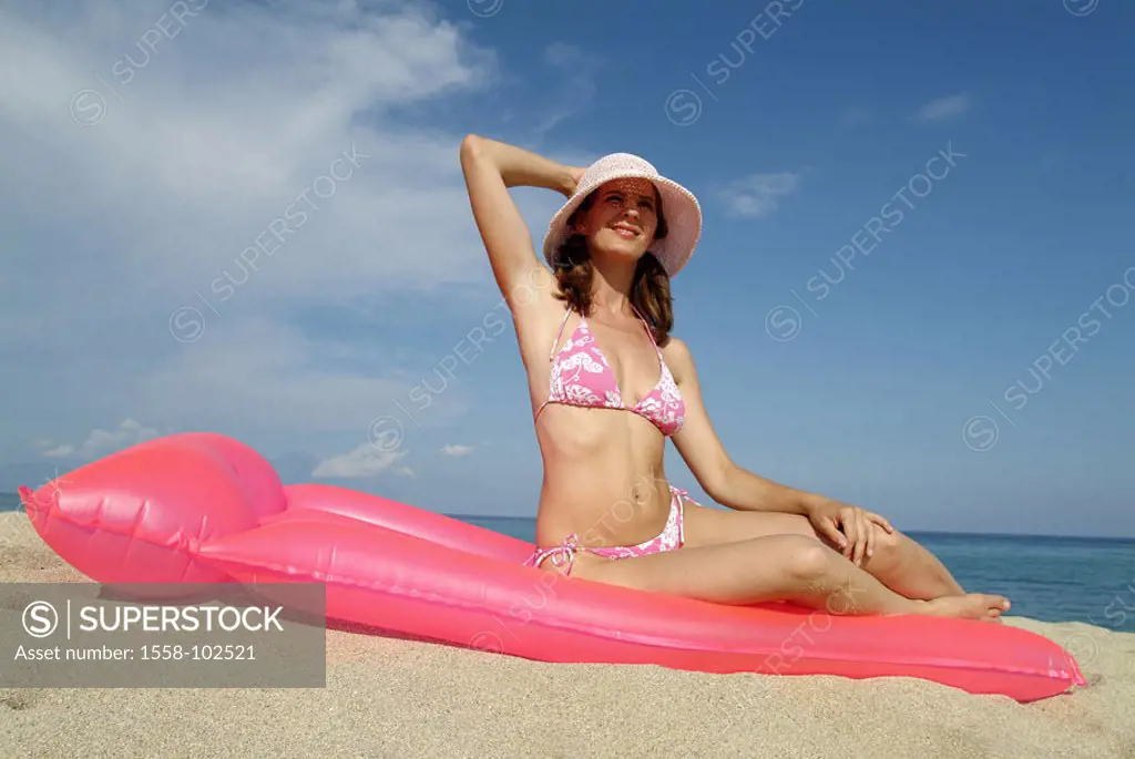 Woman, young, bikini, hat, air mattress, pink,  sitting, beach,   Series, 20-30 years, smiling, happily, figure slim, bath clothing, headgear, sunhat,...
