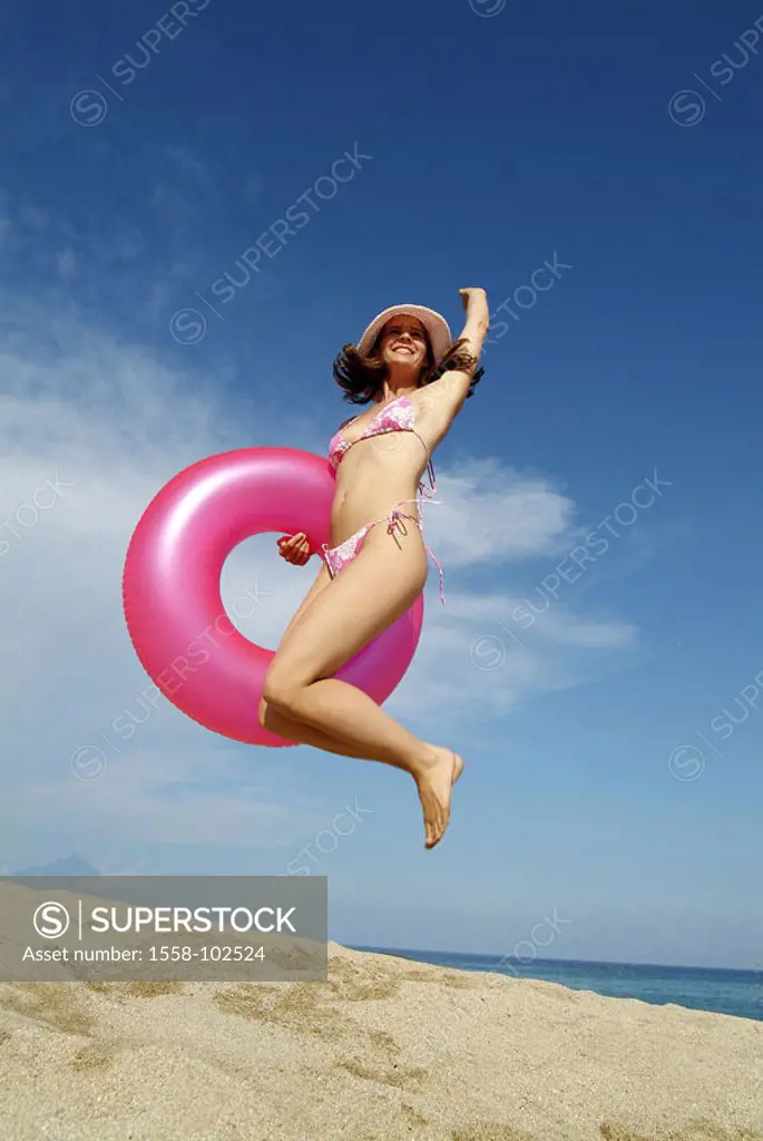 Woman, young, bikini, hat, tires, pink,  Air jump, beach,   20-30 years, smiling, happily, figure slim, bath clothing, headgear, sunhat, whole bodies,...
