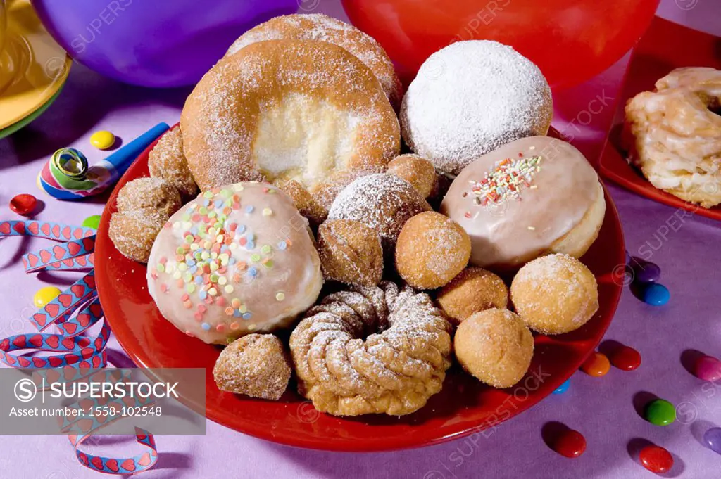 carnival, coffee table, plates,  carnival pastries, kinds, different,   Sweet, pastries, pastries, Spritzkuchen, Strauben, celebrates carnival party c...