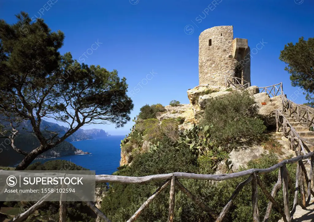 Spain, island Majorca, Banyalbufar, Rock coast, Torre Del Verger, footpath, Wood hand-rails,  , coast, steep coast, Mirador de Ses anime, rock, tower,...