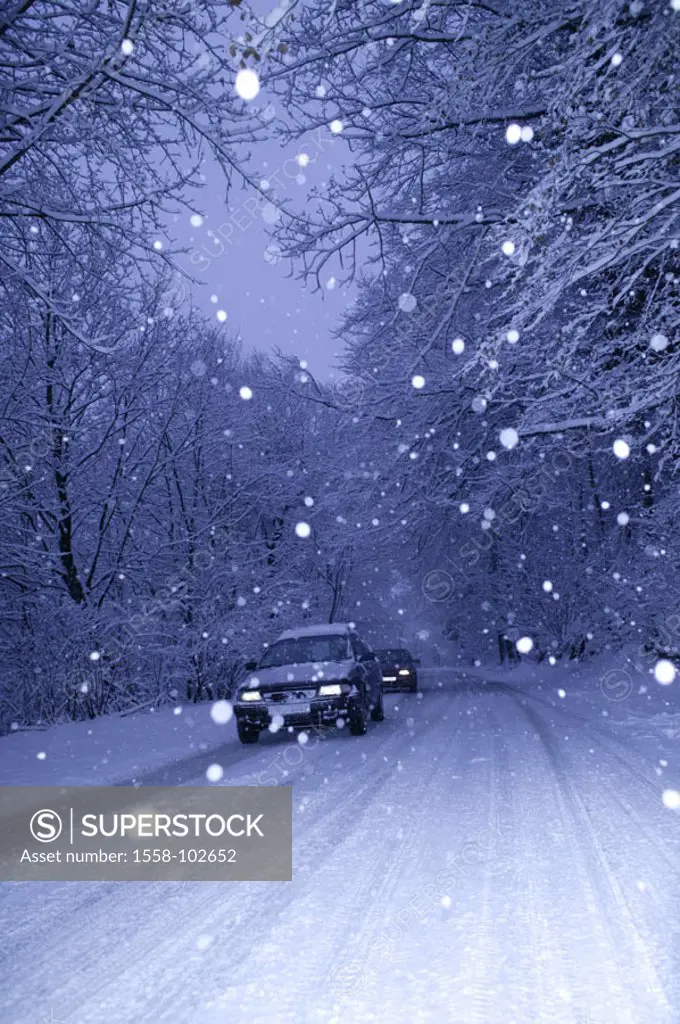 Forest, street, cars, snowfall, winters,    Series, country road, connection, snow roadway, roadway, snow-covered, snow, symbol, traffic, traffic, veh...