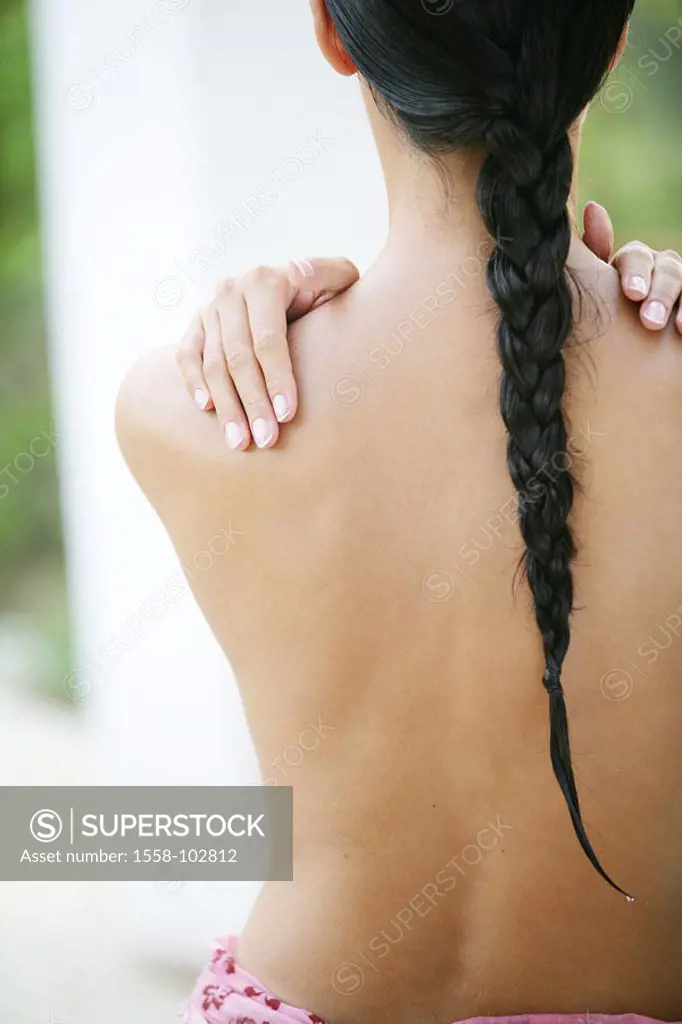 Woman, young, upper bodies freely, braid,  view from behind, truncated,   Series, 20-30 years, dark-haired, long-haired, hair, beauty, woven naturalne...