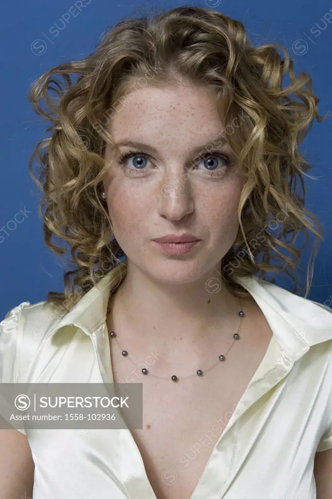 Woman, blond, curls, seriously, portrait,    Series, 20-30 years, women portrait, freckles, silk blouse, gaze camera, critically, skeptically, waiting...