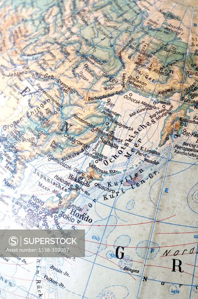 Globe, seas, continents, detail,  Focuses, Ochotskisches sea,   Continent, Pacific, geography, teaching material, quietly life, world card, excerpt, A...
