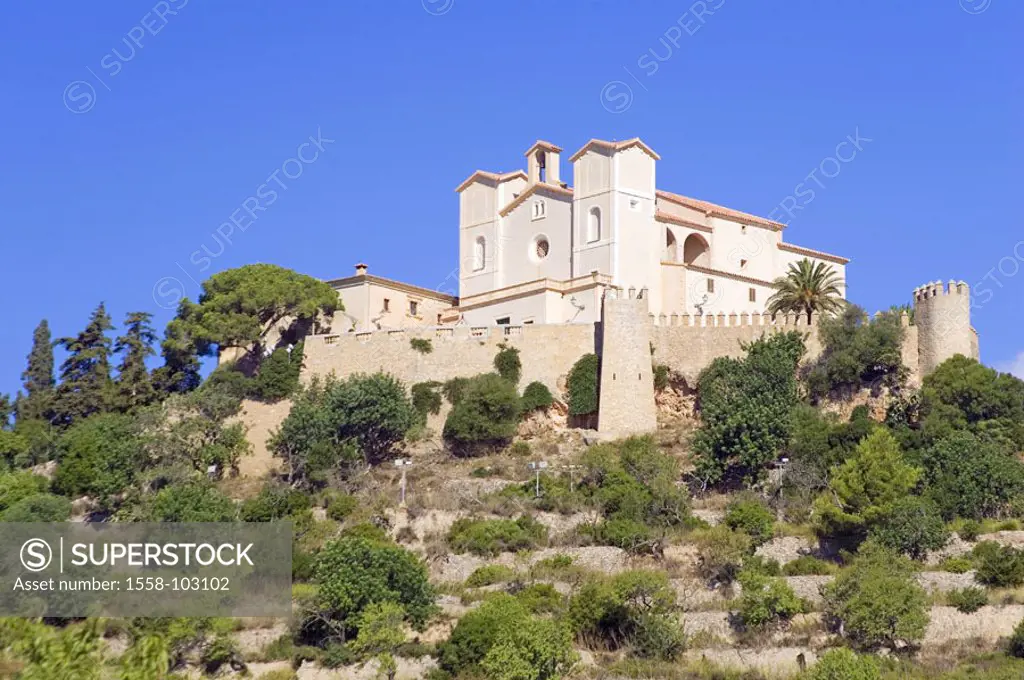 Spain, , island, Majorca,  East coast, Arta, view at the city, Calvary,  Church Santuari de Sant Salvador,  Europe, destination, sight, wall, merlons,...