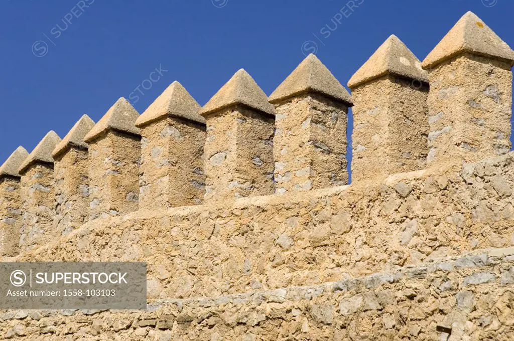 Spain, , island Majorca, Arta,  Wall, merlons, detail,   Europe, destination, Artá, city, Burgberg, battlement, architecture, tops, architecture, defe...