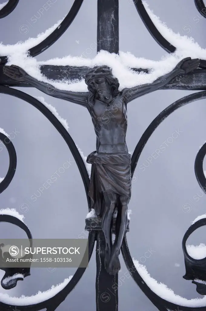 Graveyard, cross, wrought-iron, Detail, winters,   Shrines, grave, cross, ferric cross, Jesus, forged snow, snow-covered, symbol, death, mourning, par...