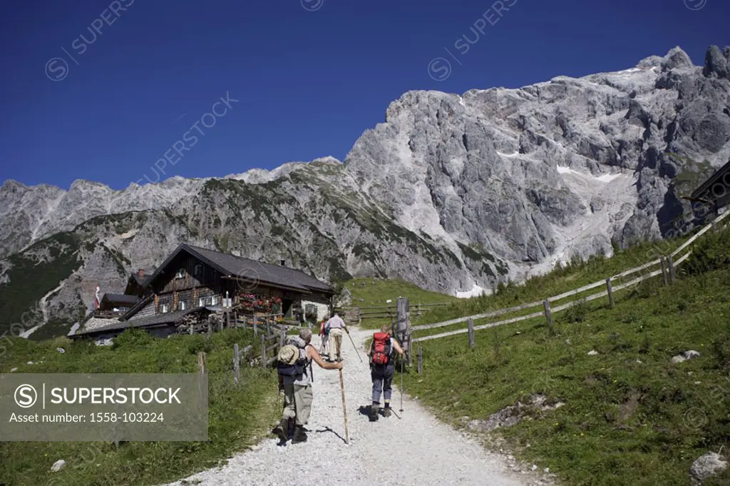 Austria, Salzburg, Hochkönig, Erich cottage, mountain hikers, view from behind, , Mountains, cottage, Alm, Almhütte, grit way, footpath, hikers, mount...