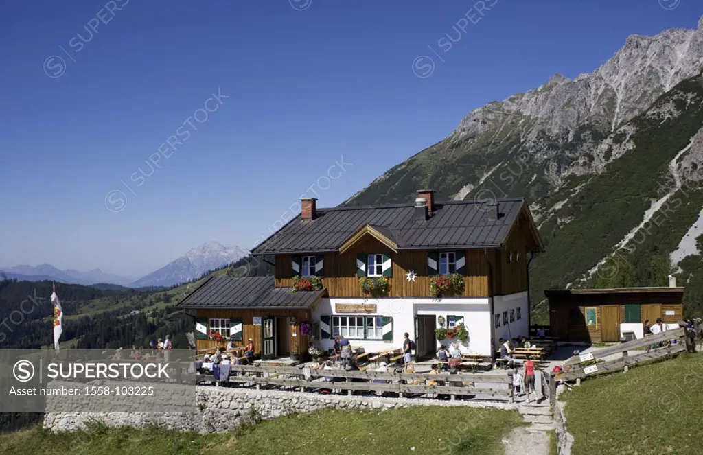 Austria, Salzburg, Hochkönig, Erich cottage, sun terrace, mountain hikers, , Mountains, cottage, Alm, Almhütte, Bergaststätte, house, terrace, restaur...