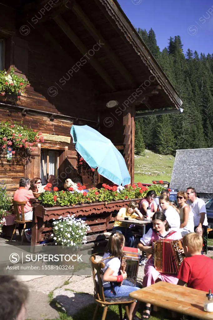 Austria, Salzburg, Easter horn group, Almhütte, terrace, visitors, , Mountains, cottage, Alm, mountain inn, Sonnenterasse, hikers, mountain hikers, co...