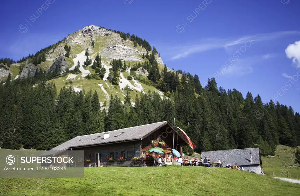 Austria, Salzburg, Easter horn group, Almhütte, terrace, visitors, summer, , Mountains, cottage, Alm, mountain inn, Sonnenterasse, hikers, mountain hi...
