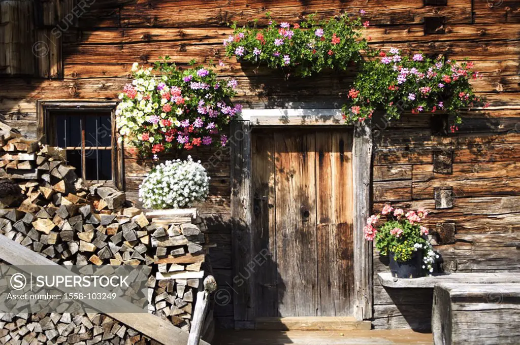 Almhütte, entrance, windows,  Flower jewelry, terrace, firewood,  Detail,  House, framehouse, wood cottage, cottage, Alm, farmhouse, wood facade, gera...