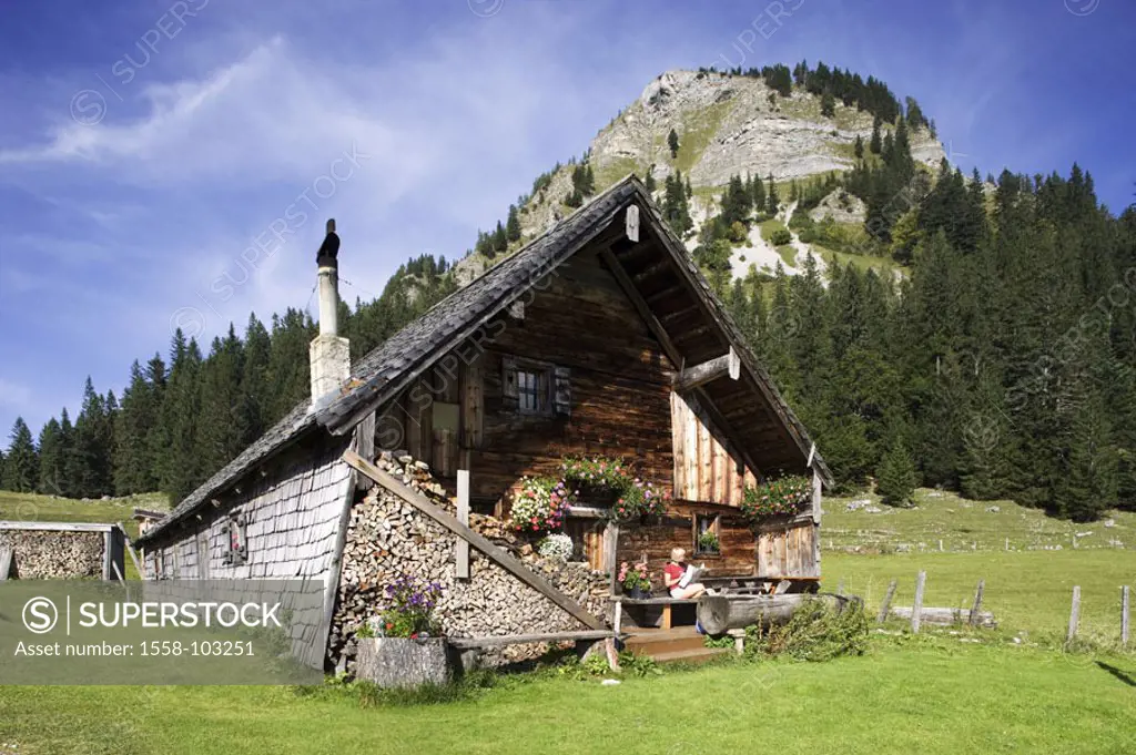 Austria, Salzburg, Easter horn group, Almhütte, summer,  highland, mountains, mountain meadow, framehouse, cottage, Alm, buildings, style, rural, rust...