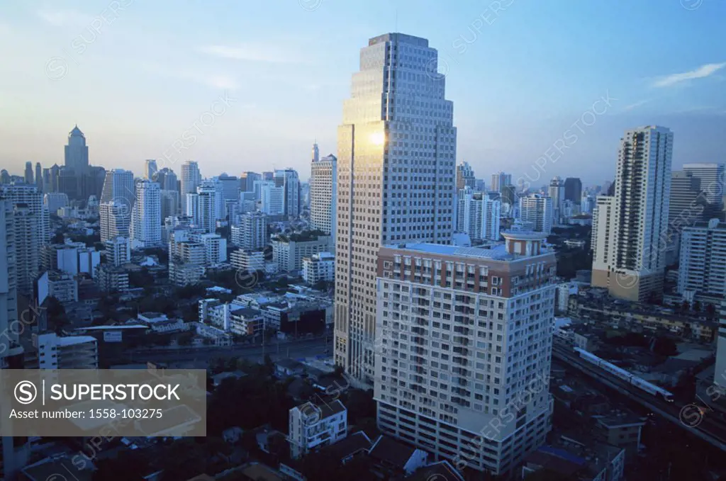 Thailand, Bangkok, view at the city,  Sukhumvit Area, skyline, Skytrain,   Dusk, Asia, southeast Asia, capital, city, city, district, architecture, bu...