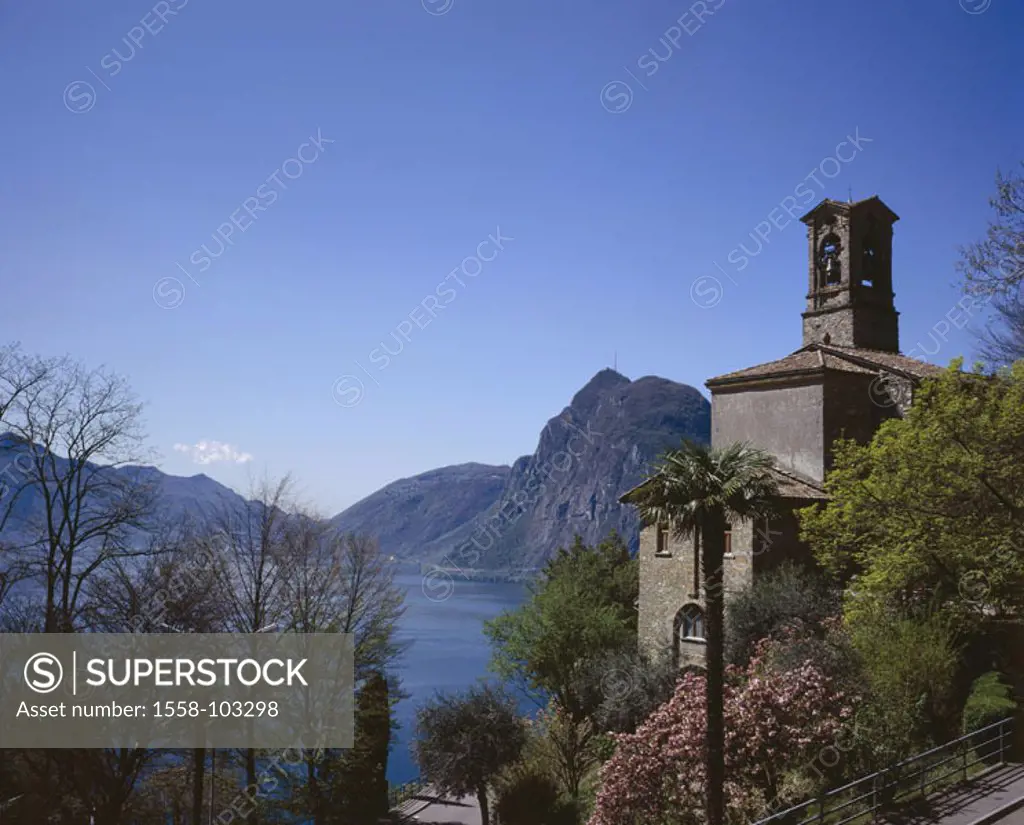 Switzerland, Tessin, Lugano, Bre village,  Church, lake view,   Tessiner Alps, Monte Bre, parish village, parish church, chapel, construction, archite...