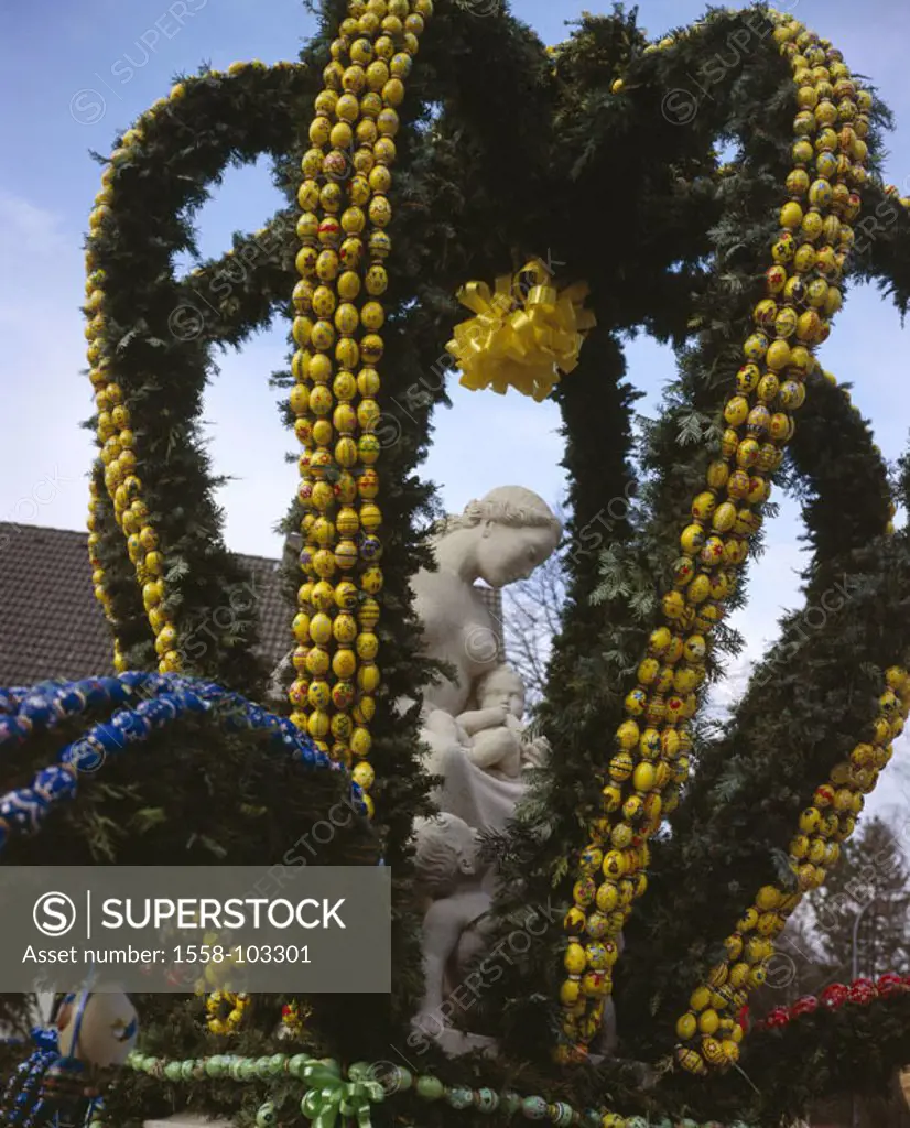 Floats, statue, Gottesmutter Maria with Jesuskind, branches, crown,  Easter decoration,  Decoration, fir branches, Easter eggs, paints, hand-paints, E...