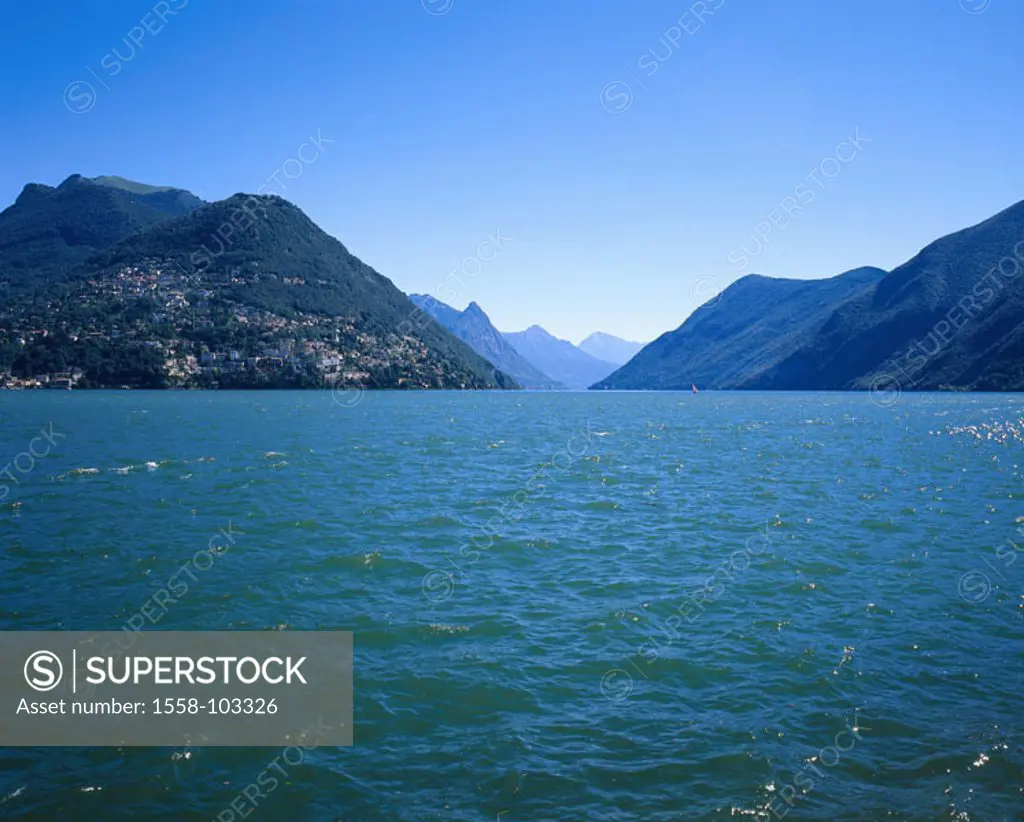 Switzerland, Tessin, Luganer sea,  skyline, Monte Bre, Lugano-Stadt,  Gandria, summer,  Tessiner Alps, highland, mountains, Luganersee, places, destin...