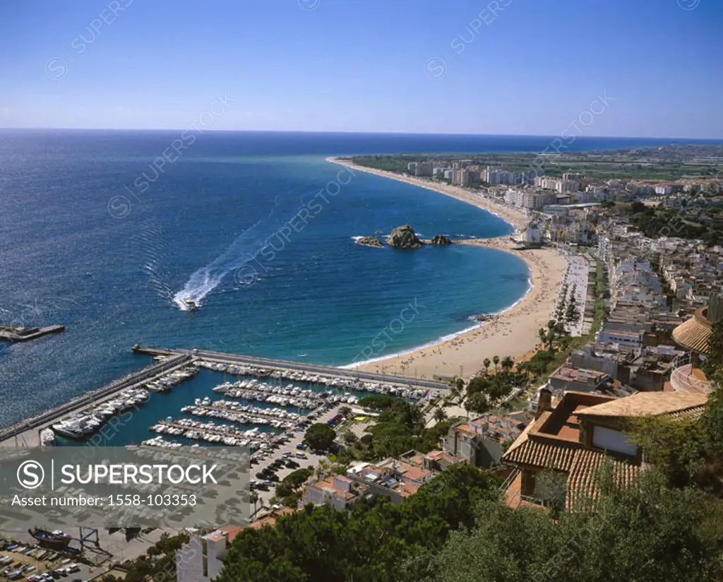 Spain, Costa brava, Blanes,  view over the city, beach, harbor,   Mediterranean, Katalonien, cityscape, beach, sandy beach, beach, docks, marina, dest...