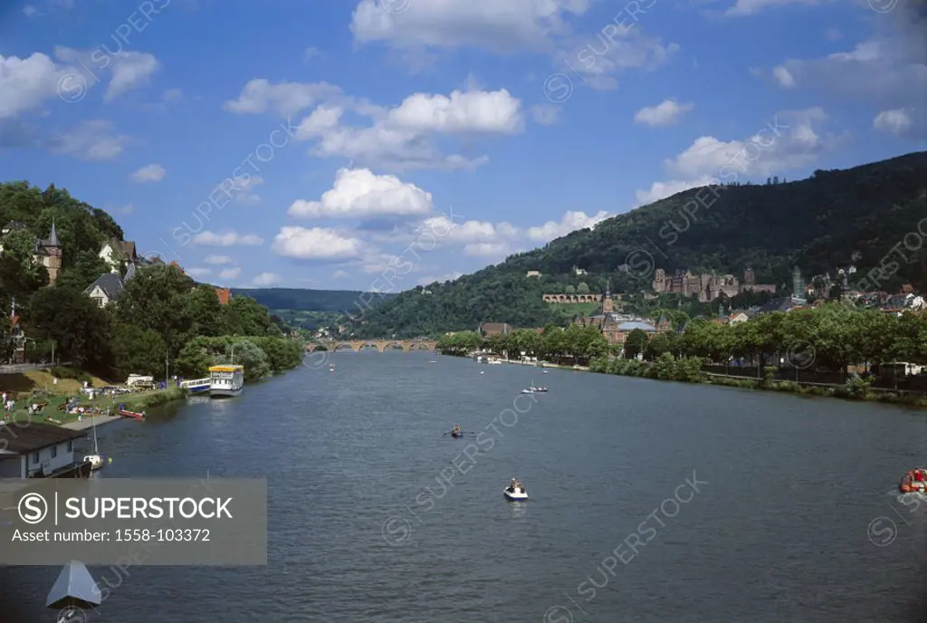 Germany, Baden-Württemberg,  Heidelberg, view at the city, Neckar,  Old bridge, Ode forest, university city, river, bridge, Karl-Theodor-Brücke, citys...