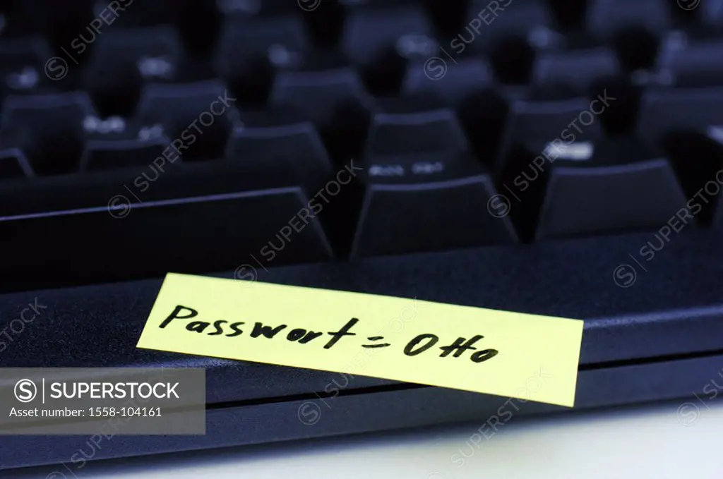 Computer keyboard, detail, papers, password,  Otto, fuzziness,   Keyboard, computers, note, note papers, custody note, password, secret, logs in, comm...