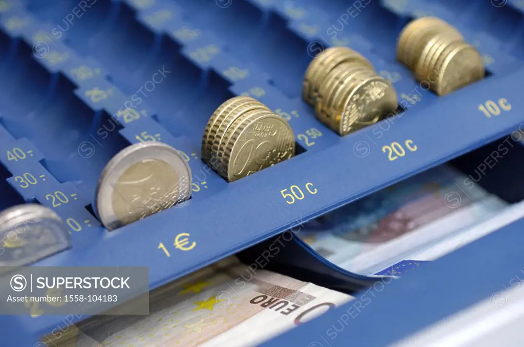 Cash register drawer, detail, money,  Euro coins, Euro appearances,   Series, cash register, money cash register, till, opened, frankly, cash means of...
