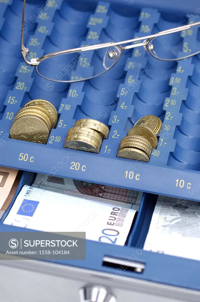 Cash register drawer, detail, money,  Euro coins, Euro appearances, glasses,   Series, cash register, money cash register, till, opened, frankly, cash...