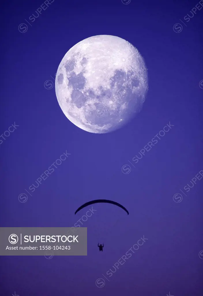 Gleitschirmflieger, silhouette, night, moon,   M,  heaven, evening, sport, sport, Paragliding, hobby, leisure time, concept, hovers, glides, ease, f...