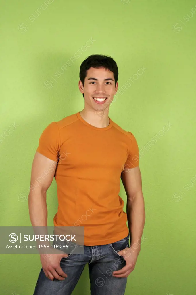 Man, young, smiling, stand, nonchalant,    Series, 20-30 years, dark-haired, gaze camera, cheerfully, happily, kindly, sympathetically, jeans, trouser...