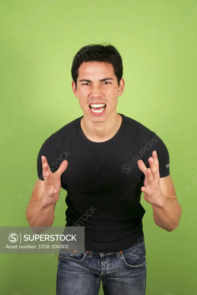 Man, young, aggressively, gesture,    Series, 20-30 years, dark-haired, gaze camera, angrily, angrily, displeased, screams, outburst of fury, emotion,...