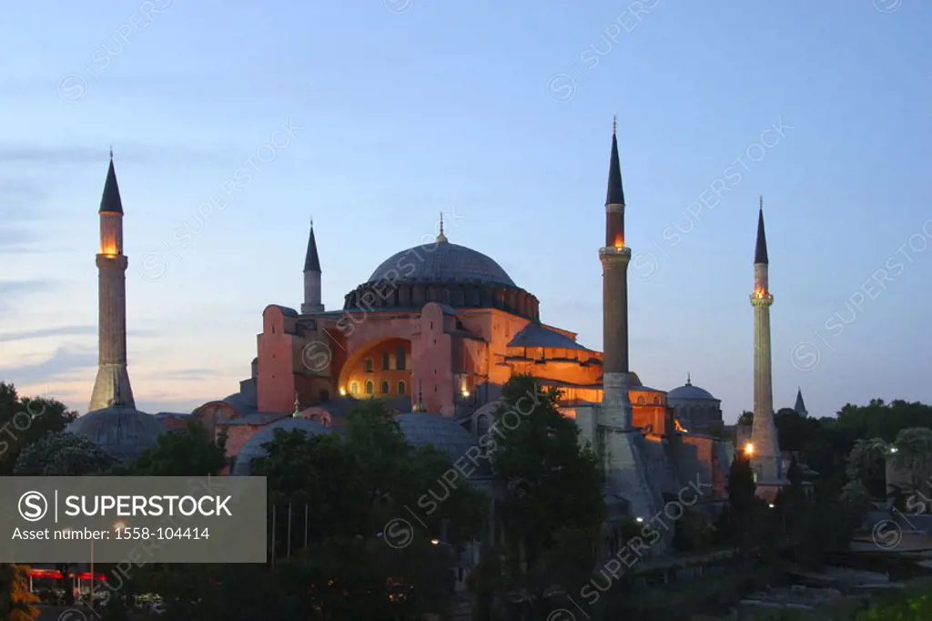 Turkey, Istanbul, Hagia Sophia, Illumination, twilight,   Aya Sofya, mosque, ´saint wisdom´, formerly Sophienkirche, main mosque, style, Byzantine, ch...