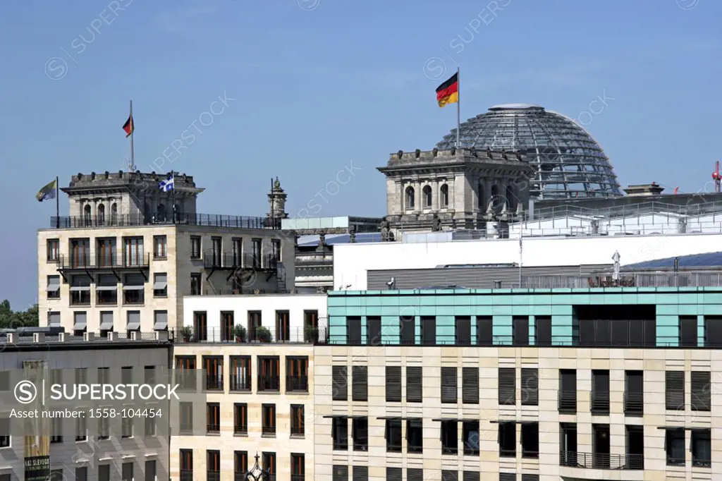 Germany, Berlin, Parisian place,  Eugen-Gutmann-Haus, facade, gaze,  Reichstag, detail, Reichstag dome, only editorially,  Capital, office buildings, ...