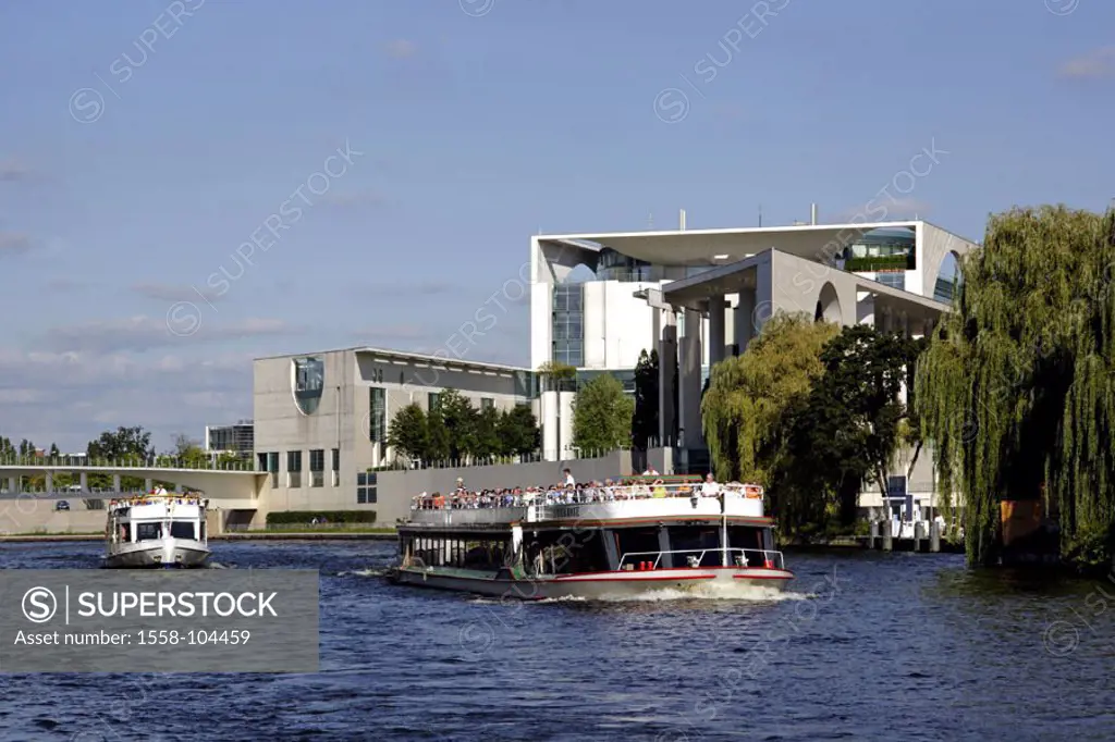 Germany, Berlin, zoo,  Chancellory, river Spree,  Trip boats, summer,  Capital, district, Berlin zoo, buildings, construction, government buildings, o...