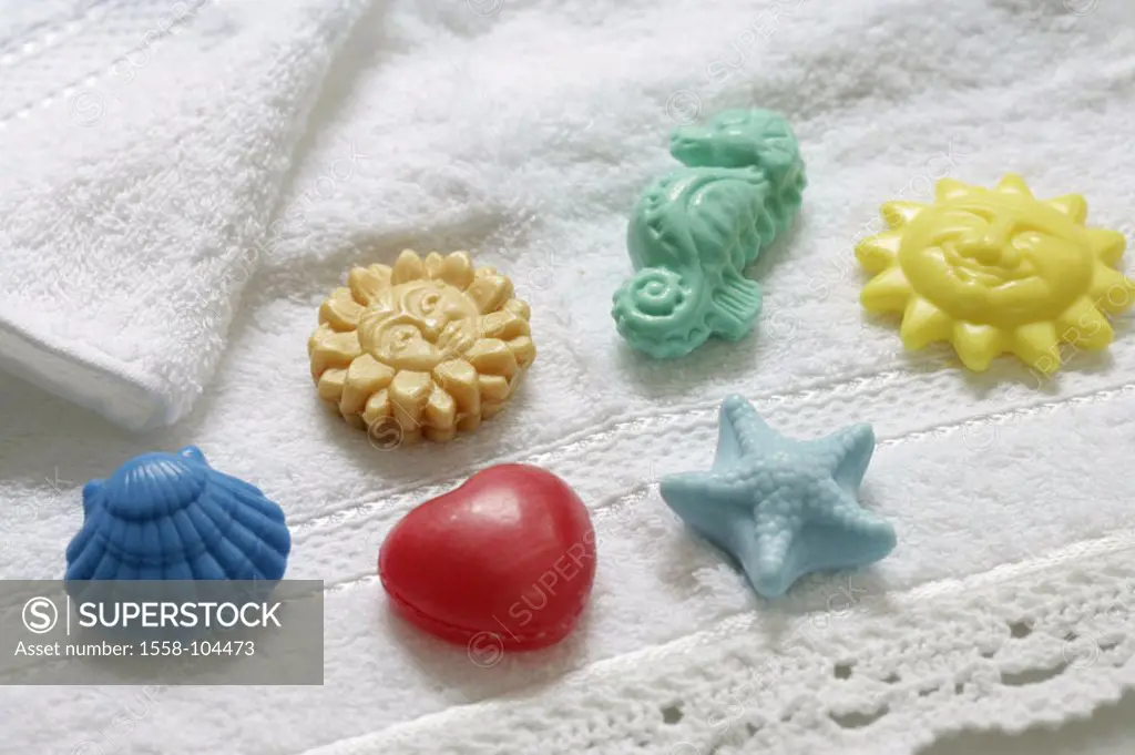 Towel, soaps, colorfully,     Fortteehandtuch, white, soap piece, scent soaps, forms, patterns, different, mussel, suns, heart, Seepferdchen, starfish...