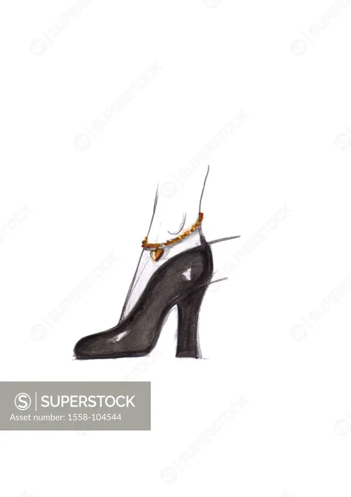 Illustration, women foot, Fußkettchen,  Stiletto, black,   Series, drawing, picture, sketch, foot, ing little fashion jewelry shoe Venus shoe lady sho...