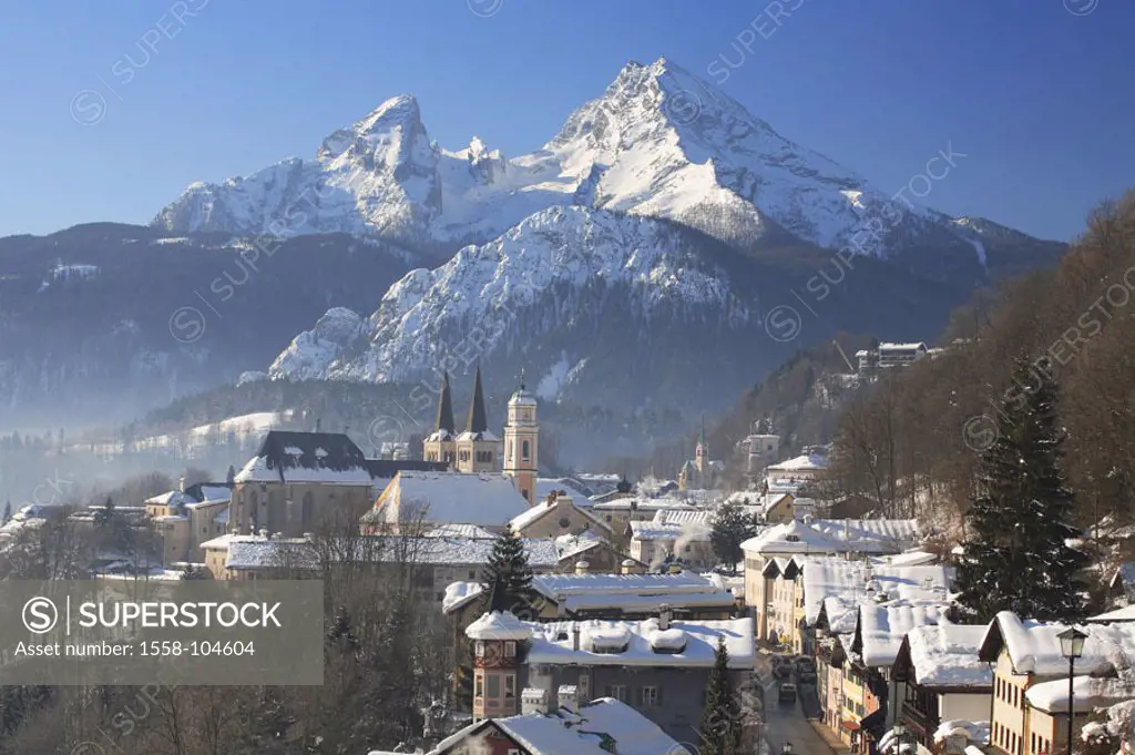 Germany, Berchtesgaden country, Berchtesgaden, view at the city, Watzmann, winters, Southern Germany, Berchtesgaden, Berchtesgaden Alps, city, citysca...