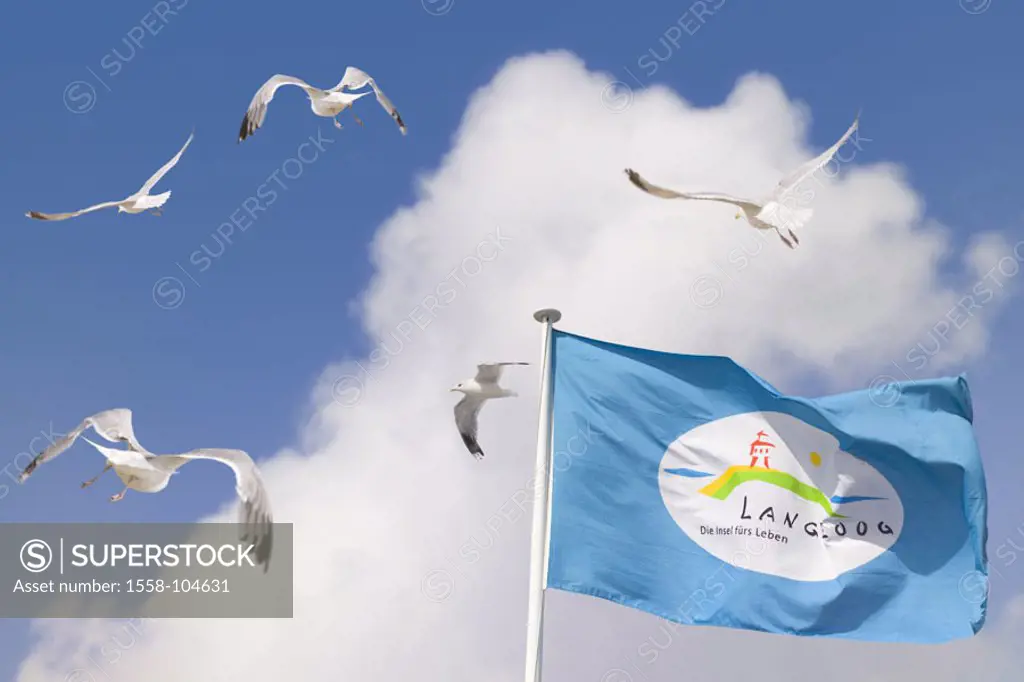 Flag, Langeoog, seagulls, flie,  heaven, clouds,   Germany, Lower Saxony, Ostfryingland, Ostfryingische islands, destination, island, vacation island,...