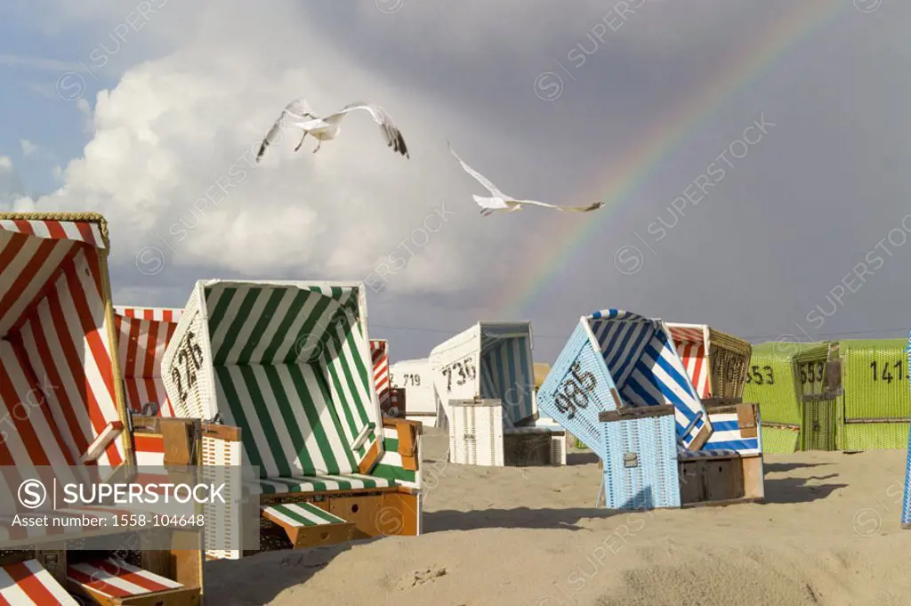 Beach, wicker beach chairs, rainbow,  Seagulls, flie,   North sea, North sea beach, destination, tourism, vacation, vacation, beach vacation, off-seas...