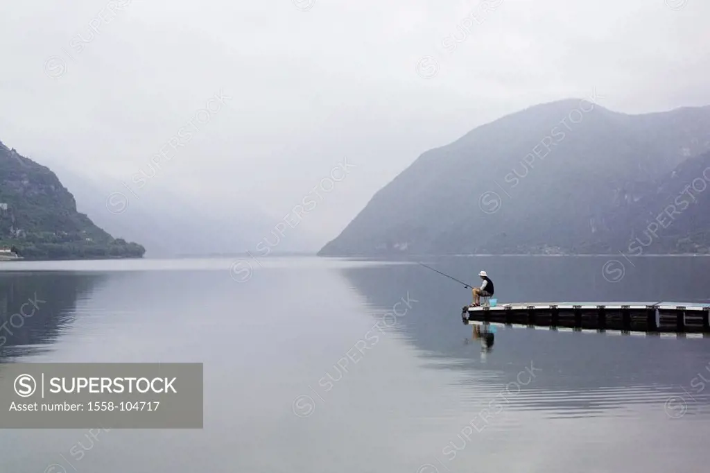 Man, fishing rods, sea, bridge,