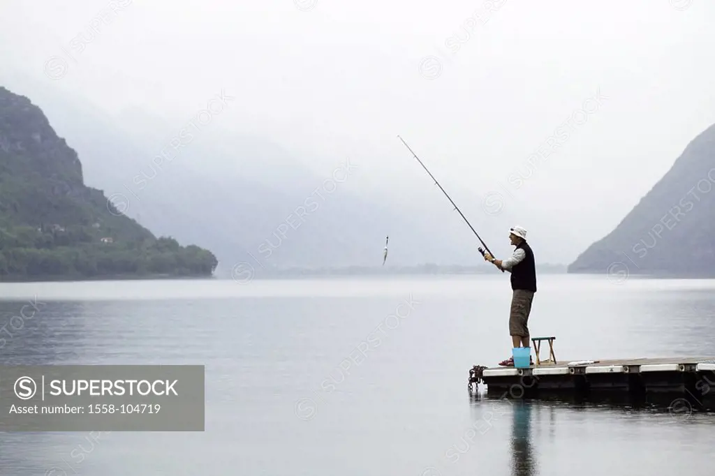 Man, fishing rods, sea, bridge,