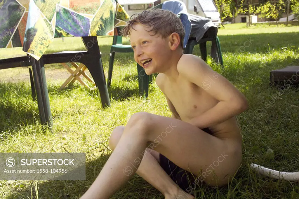 Garden, boy, naked, meadow, sitting, laughing