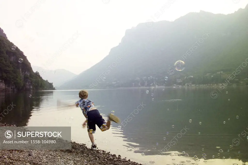 boy, shores, bubbles, stones, playing