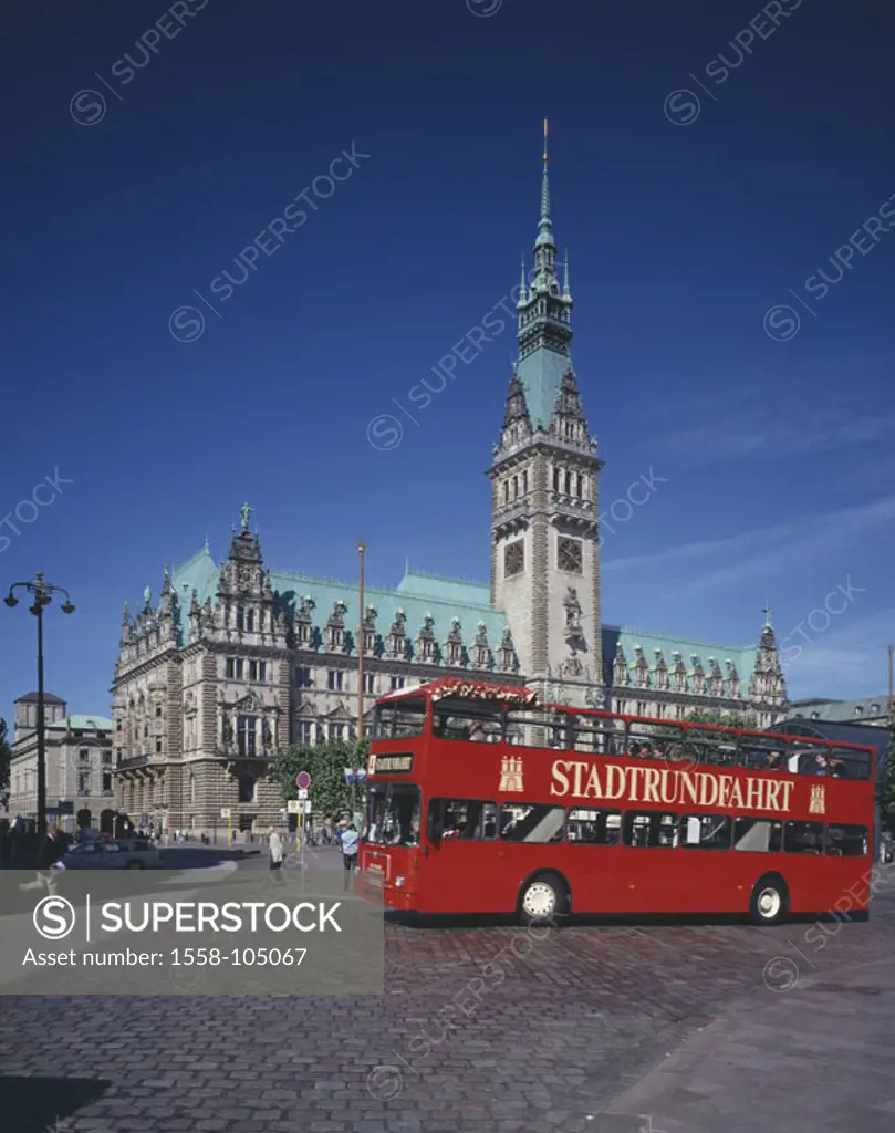 Germany, Hamburg, town hall,  Street scene, Doppeldeckerbus,   Hanseatic town, town hall buildings, construction, 1886-97, town hall tower, Neorenaiss...
