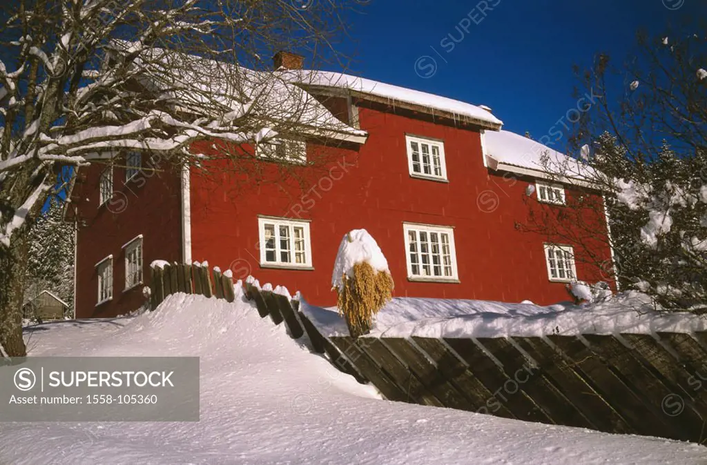 Norway, Oslo, Nordmarka, ´Lorenseter cafe´, winters,   Scandinavia, forest edge, trees, house, residence, framehouse, isolated, silence, silence, dest...