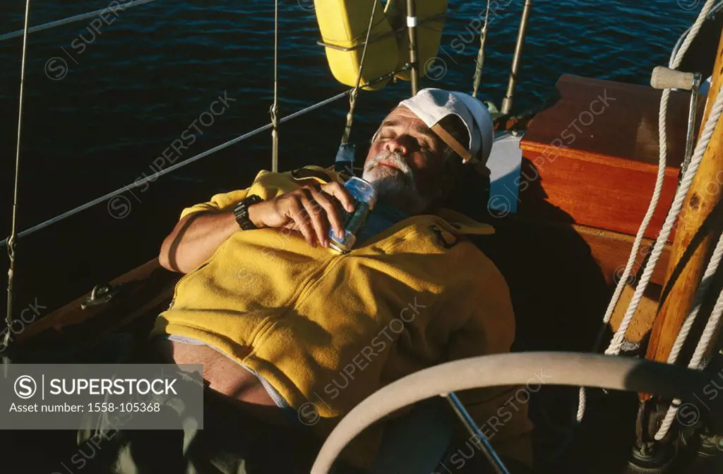 lie sailboat, senior, resting, Detail,   Boat, deck, man, Sam Low, tourist, beverage can, holding, sleeping, falls asleep, recuperation, rest, silence...