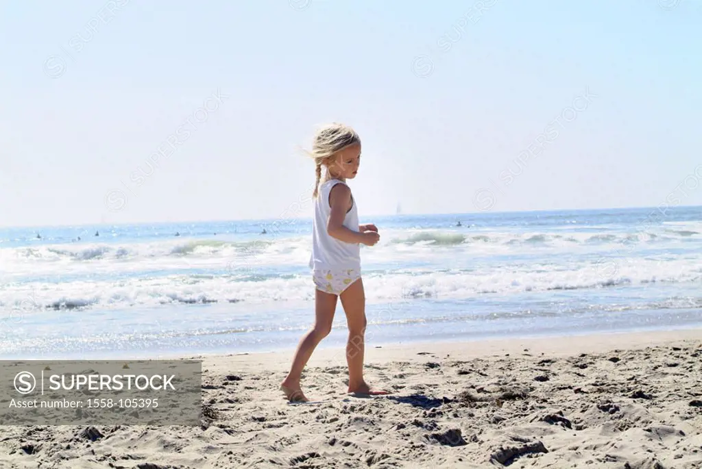 Girls, running nakedfoot, beach,  on the side,   People, child, 4-6 years, blond, long-haired, braids, undershirt, underpants, underwear, whole bodies...